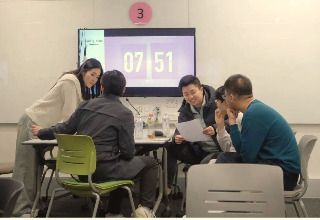Students practising an interview with an industry guest